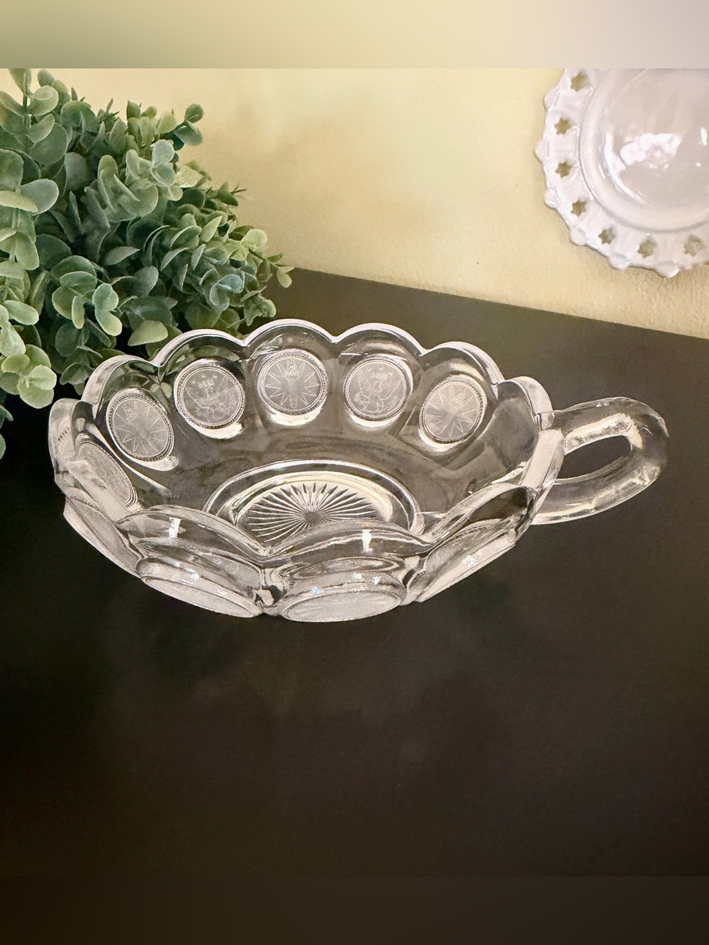 FOSTORIA, COIN GLASS, NAPPY BOWL WITH A FROSTED, PRESSED GLASS COIN MOTIF